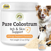 Wholistic Pet Organics colostrum dog powder bottle for immune support and itch relief.
