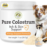 Wholistic Pet Organics colostrum powder in a dog tub closeup supports immune health