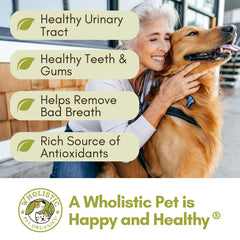 Wholistic Pet Organics Cranberry powder with meals may support urinary tract wellness.