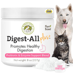 Wholistic Pet Organics daily dog probiotics tub supports digestion.