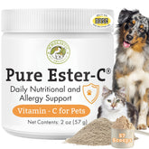Wholistic Pet Organics Ester-C powder bottle for dogs and cats, highlighting immune support.