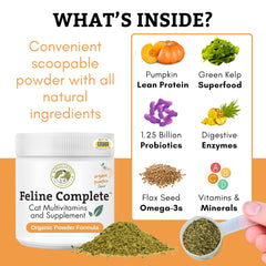 Wholistic Pet Organics Feline Complete Organic Pumpkin container highlighting coat nourishment benefits