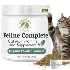 Wholistic Pet Organics Feline Complete powder in a jar supports digestion and overall wellness