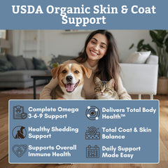 Wholistic Pet Organics flaxseed oil poured into a pet dish.
