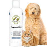 Wholistic Pet Organics flaxseed oil bottle close-up for shinier coats.