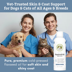 Wholistic Pet Organics flaxseed oil bottle with dog, supporting healthy skin.