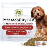 Wholistic Pet Organics hip joint supplement bottle supports daily mobility.