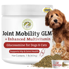 Wholistic Pet Organics hip joint supplement bottle pour; easy dosing for dogs and cats