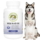 Wholistic Pet Organics Krill Oil bottle pour shows easy dosing for dogs and cats.