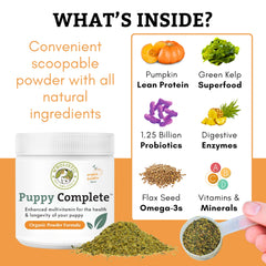 Wholistic Pet Organics Puppy Complete bottle close-up with label details