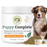 Wholistic Pet Organics Puppy Complete powder being poured for balanced nutrition