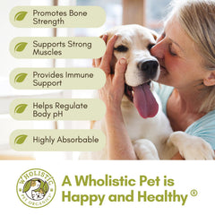 Wholistic Pet Organics calcium for cats, supports bone and dental health when added to food.