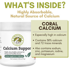 Wholistic Pet Organics Sea Coral Calcium bottle showing NASC-certified quality.