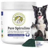 Wholistic Pet Organics spirulina powder bottle for daily pet vitality.