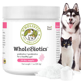 Wholistic Pet Organics WholeBiotics daily probiotic bottle supports digestive health.