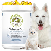 Wholistic Pet Organics salmon oil bottle being poured for dogs and cats, supporting skin health.
