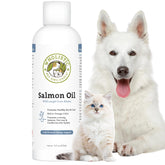 Wholistic Pet Organics salmon oil bottle highlighting omega-3 support for coats