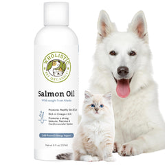 Wholistic Pet Organics salmon oil bottle highlighting a natural omega-3 source for pets