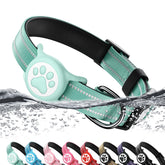 WhoseID green Apple Tag Holder collar close-up showing AirTag shell for secure tracking