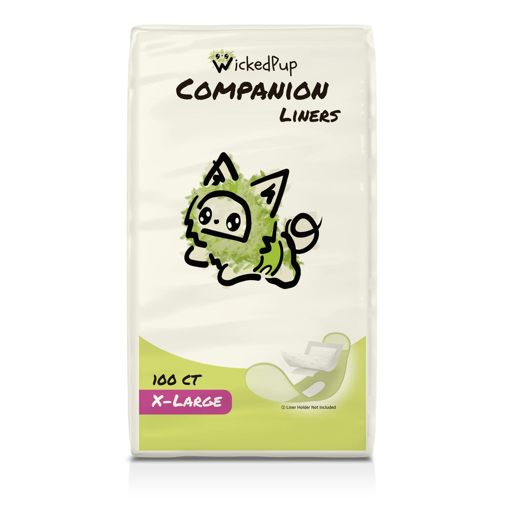 WICKEDPUP packaging shows a 100-count dog diaper liners for easy re-stocking.
