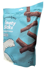 Wiggles & Wags Beef Meaty Sticks close-up shows soft chewy texture for training bites.