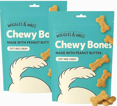 Wiggles & Wags Chewy Bones peanut butter packaging view, preserves freshness for quick rewards.