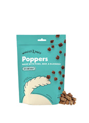 Wiggles & Wags Poppers bag with pork, beef and blueberry flavor, ideal for training rewards.