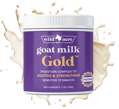 Wild Acre Goat Milk Powder in a dog bowl, supporting gentle digestion and palatability.