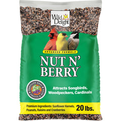 Wild Delight Nut N' Berry birdfood bag showing premium blend for backyard birds
