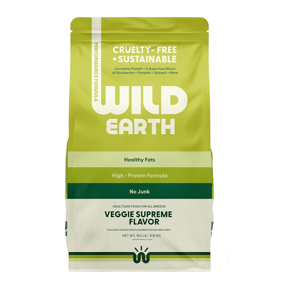 Wild Earth vegan dry dog food performance bag front shows plant-based protein focus for active dogs