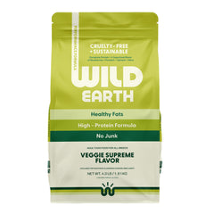 Wild Earth vegan dry dog food bag front highlighting plant-based nutrition for active dogs.