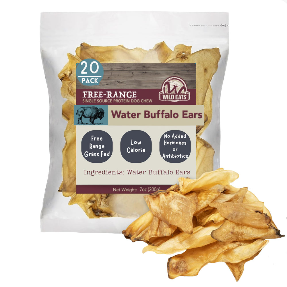 Pack shot of Wild Eats Water Buffalo Ear Chews, 20-count bag for long-lasting chews.