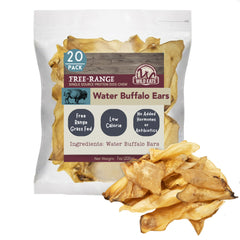 Pack shot of Wild Eats Water Buffalo Ear Chews, 20-count bag for long-lasting chews.