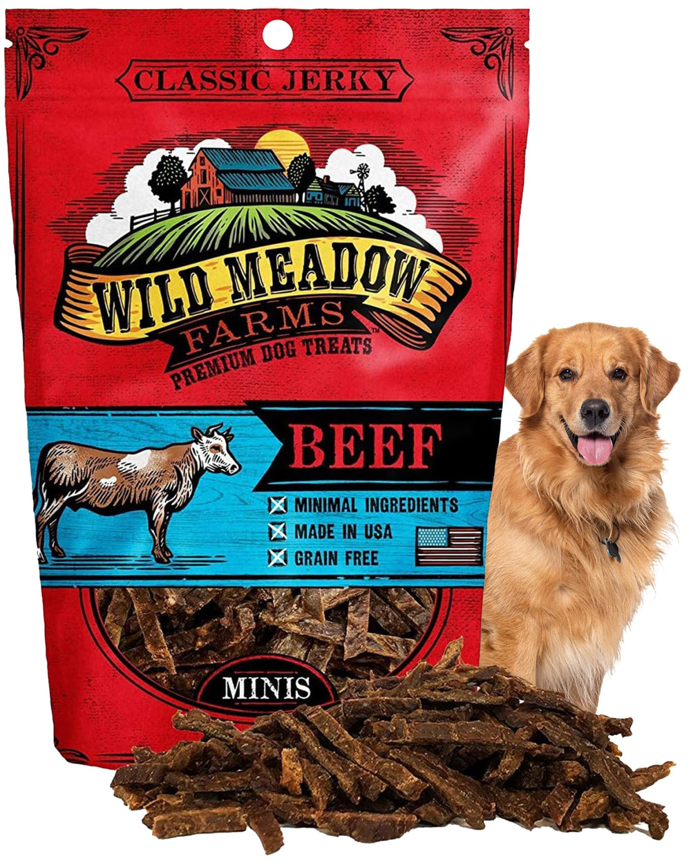 Wild Meadow Farms Classic Beef Minis bag front, grain-free training rewards.