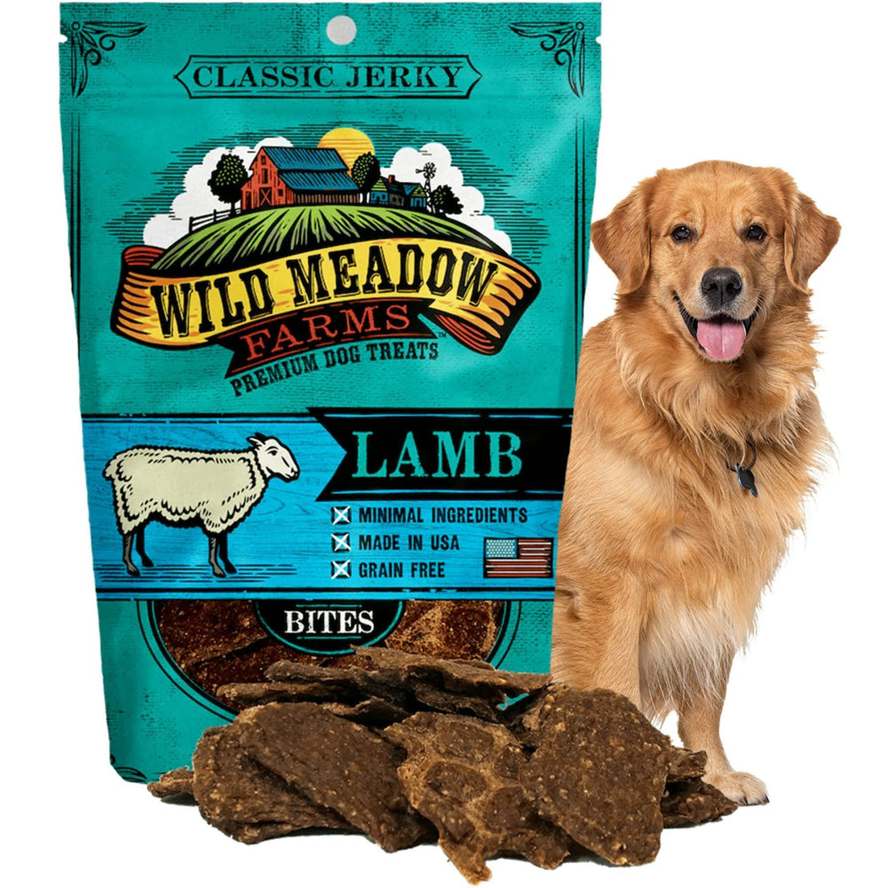 Wild Meadow Farms Classic Lamb Bites packaging close-up, grain-free and all-natural for training rewards.