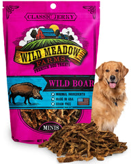 Wild Meadow Farms Classic Wild Boar Dog Minis in an open resealable pouch for quick rewards.