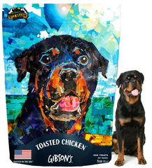 Wild Meadow Farms Gibson's Toasted Chicken packaging close-up highlights grain-free premium treats for dogs.