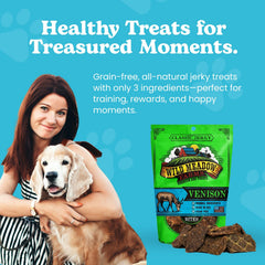 Wild Meadow Farms soft jerky treats in hand for easy tearing.