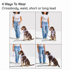 Wild One hands-free rope leash worn at the waist for easy, hands-free city strolls.