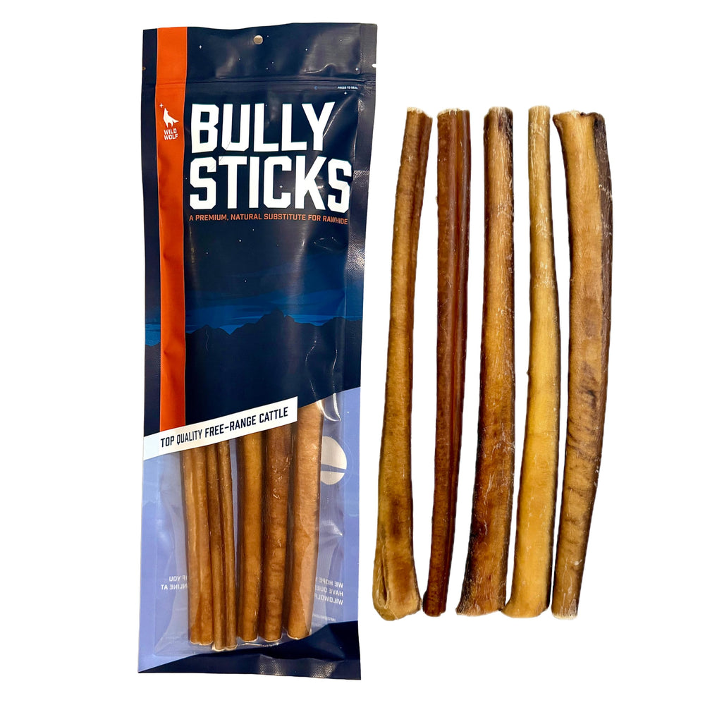 Wild Wolf Angus Bully Stick 12inch close-up, showing a natural beef chew for dental health support.