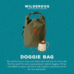Wilderdog Doggie Bag stainless mug shown for kibble scooping.