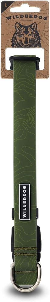 Wilderdog waterproof olive collar, front view, highlighting water-repellent, durable construction.