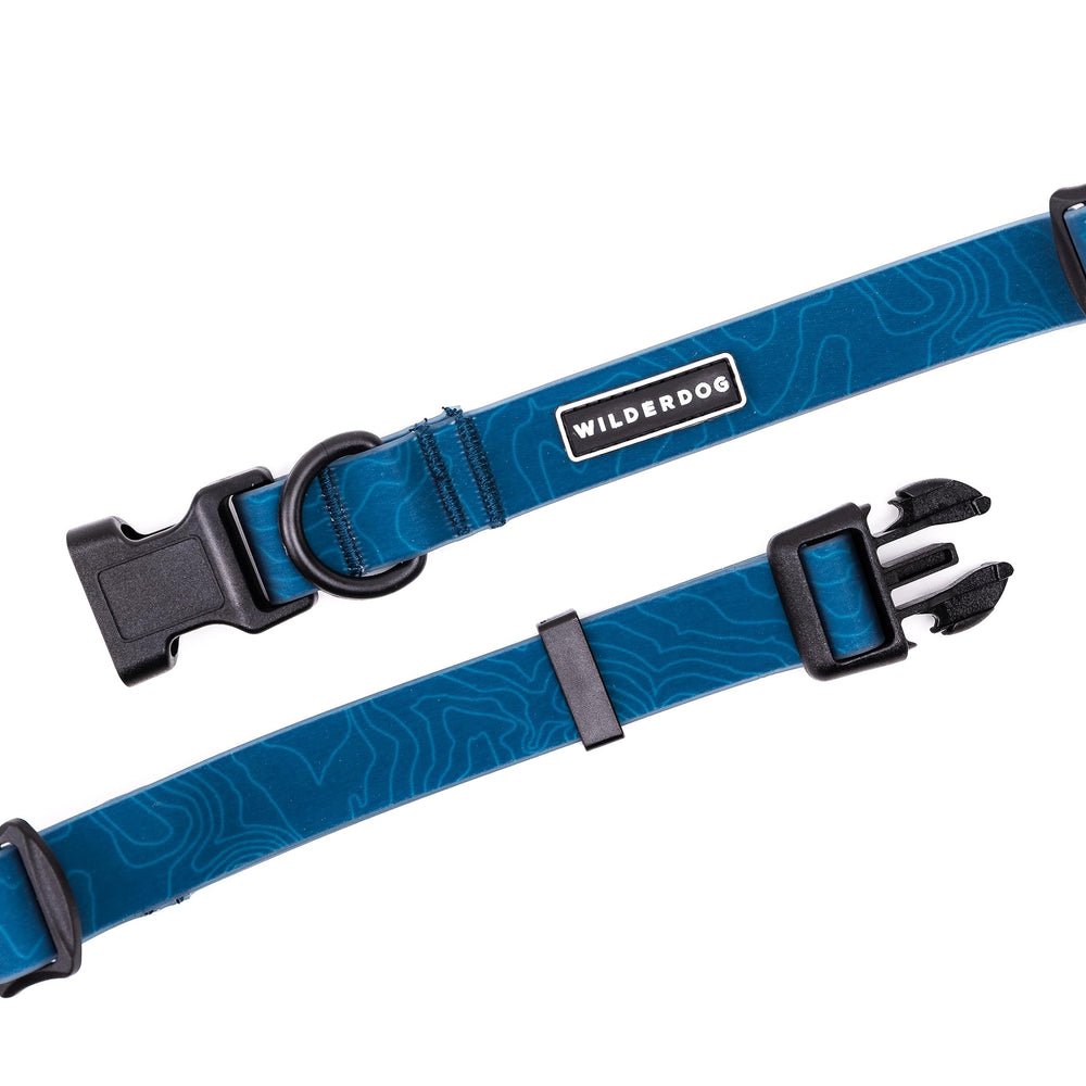 Wilderdog Pacific Blue waterproof collar side view showing durable material for outdoor use