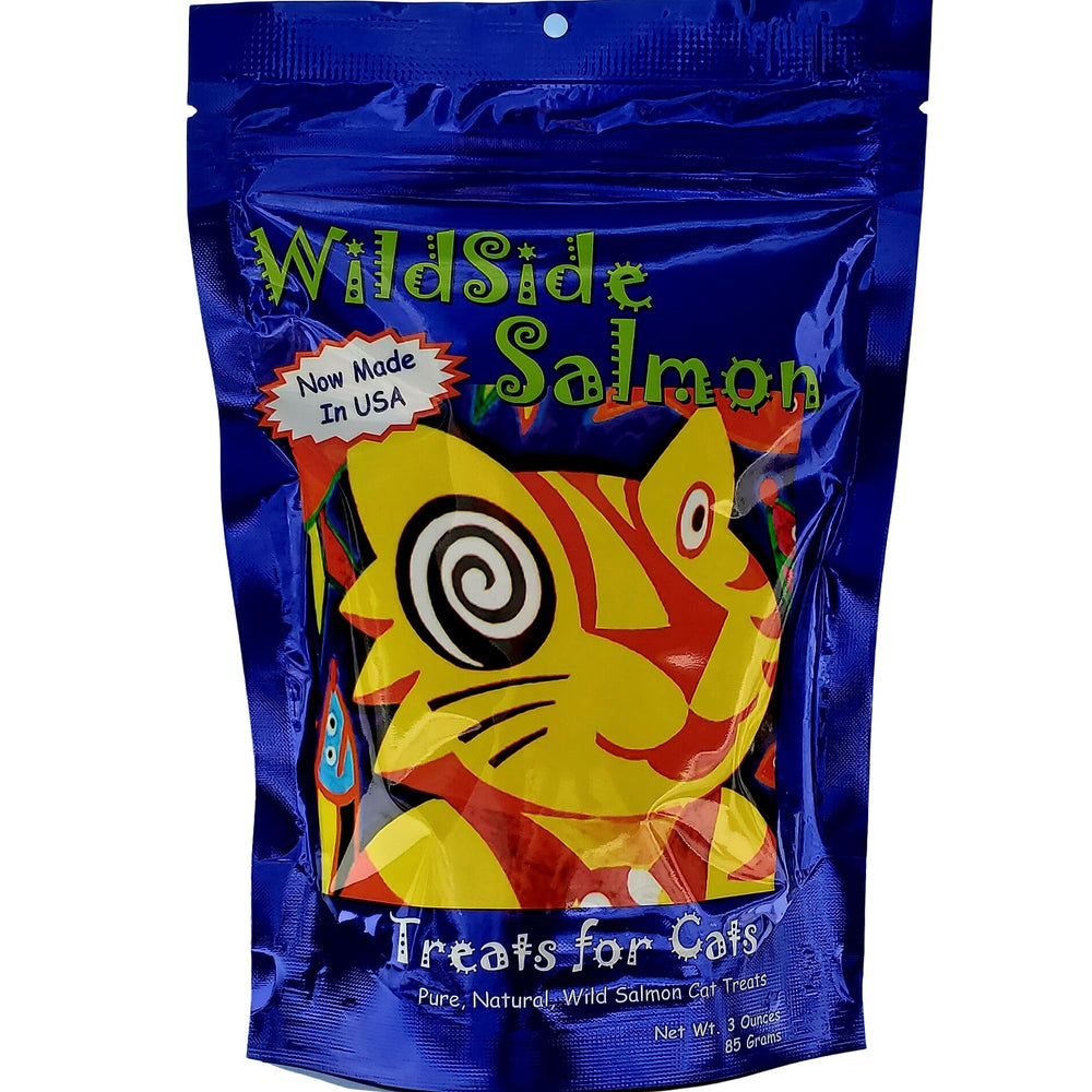 WildSideSalmon cat treats packaging highlighting USA-made, wild-caught salmon for quality and freshness