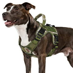 WINGOIN tactical dog harness in green camo front view for medium dogs, breathable mesh interior