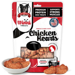 Winni Treats freeze-dried chicken hearts in resealable bag for convenient training rewards.