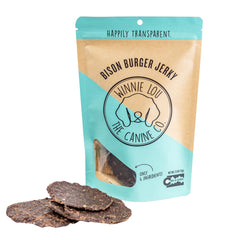 Winnie Lou Bison Burger Treats pack showcases all-natural bites for dogs of all sizes, ideal for training.