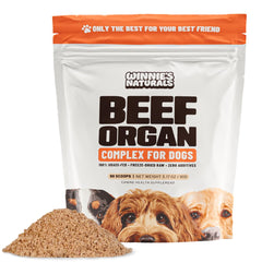 Winnie's Naturals Beef Organ Complex bottle cap highlights a convenient daily nutrition topper for dogs.