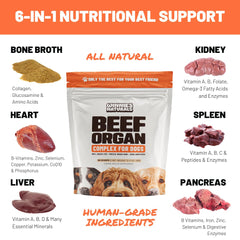 Winnie's Naturals Beef Organ Complex powder with scoop easy to sprinkle onto meals for tastier kibble.