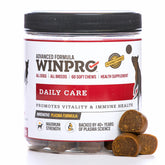 WINPRO Pet Daily Care Soft Chews canister shown, grain-free and probiotic rich